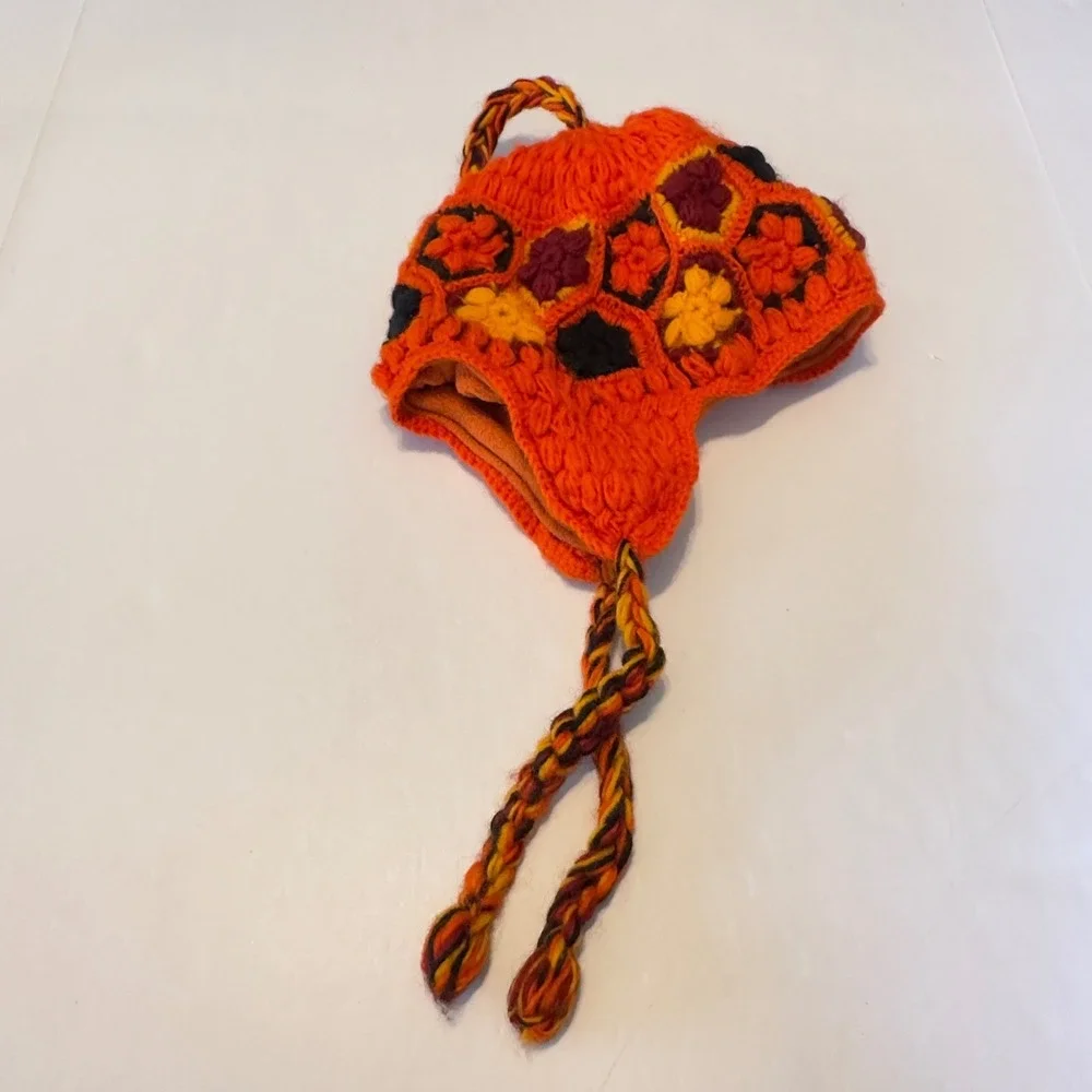 Kids Orange Crochet Floral Granny Square Earflap Hat Fleece Lined Winter Beanie